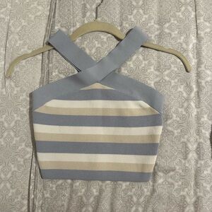 Aritzia Babaton sculpt knit criss cross crop tank top white beige stripe S